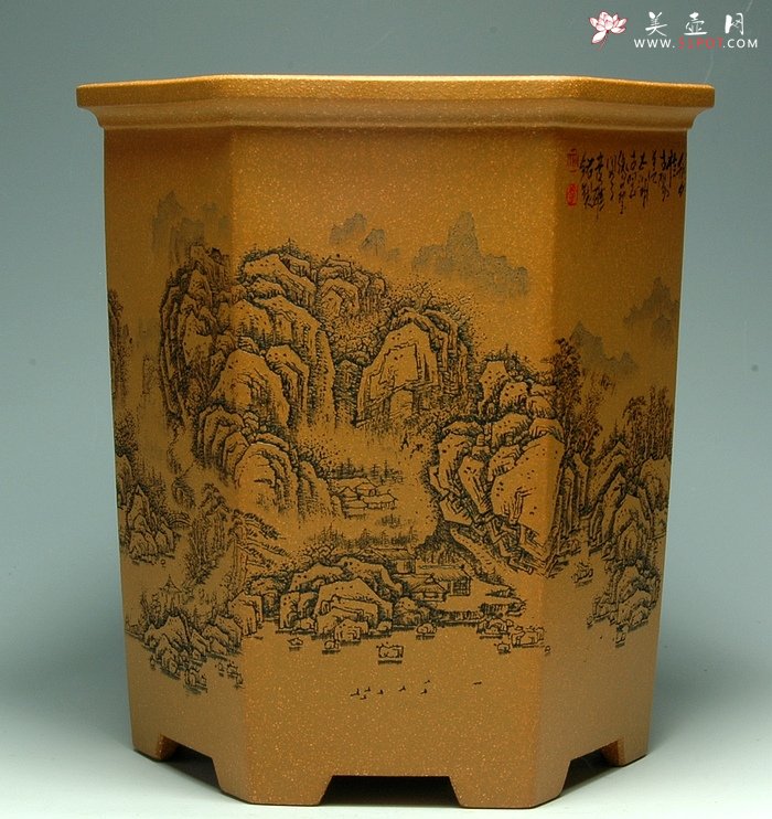 紫砂壶图片：山水六方笔筒 - 美壶网