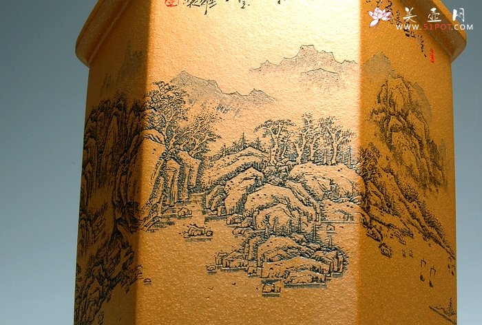 紫砂壶图片：山水六方笔筒 - 美壶网