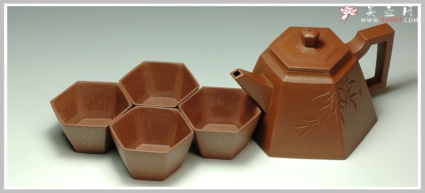 紫砂壶图片：精品六方点砂杯子 一套六六大顺 - 美壶网