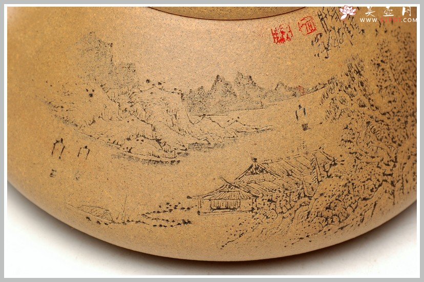 紫砂壶图片：强强联合 李彦雄通景山水 全手子冶石瓢 - 美壶网