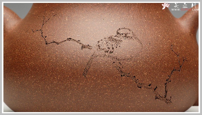 紫砂壶图片：文雅秀丽 全手刻鸟茄段 - 美壶网