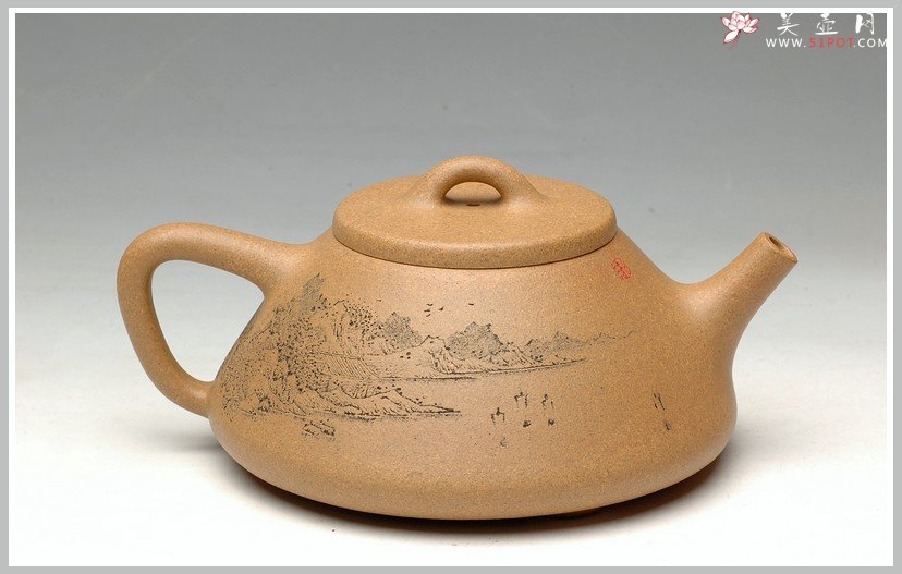 紫砂壶图片：强强联合 李彦雄通景山水 全手子冶石瓢 - 美壶网