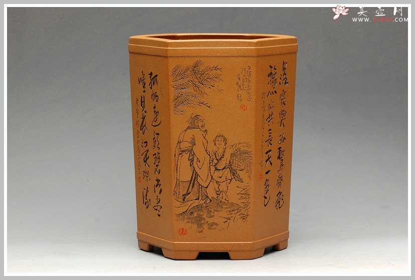 紫砂壶图片：全手工六方笔筒  李彦雄老师精心装饰 大图多细品 - 美壶网