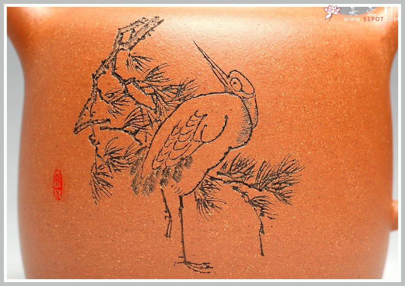 紫砂壶图片：松龄长岁月 鹤语记春秋 优质烁金降坡泥 全手代表作高士壶 张听刚老师装饰 - 美壶网