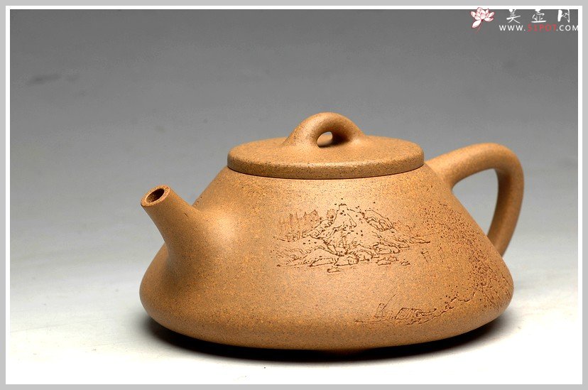 紫砂壶图片：李彦雄装饰山水 福星高照之全手子冶石瓢 骨肉均挺 - 美壶网