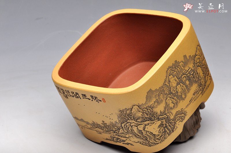 紫砂壶图片：清雅 古色山水 通景 精品四方水洗 - 美壶网