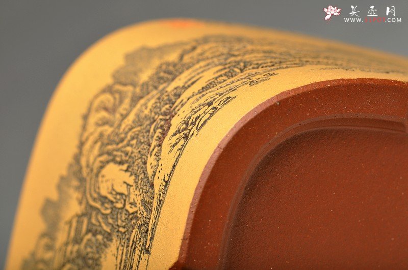 紫砂壶图片：清雅 古色山水 通景 精品四方水洗 - 美壶网