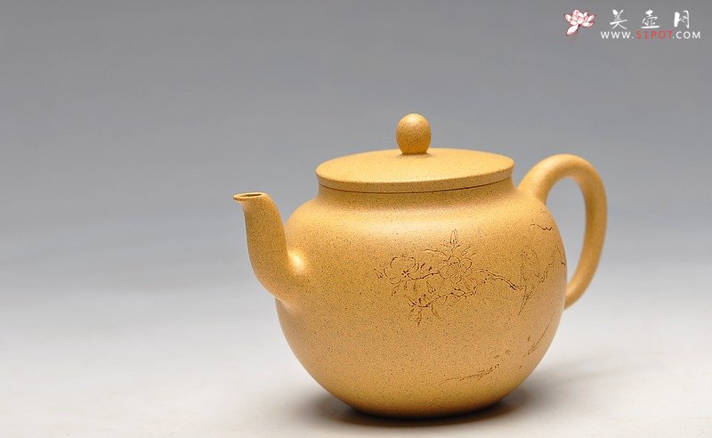 紫砂壶图片：线条流畅 挺拔优雅 全手迎春 国助和石装饰 - 美壶网