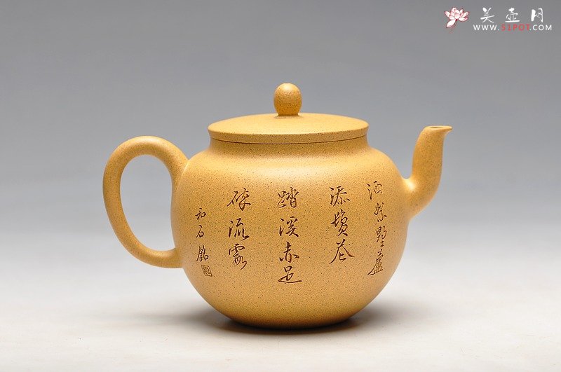 紫砂壶图片：线条流畅 挺拔优雅 全手迎春 国助和石装饰 - 美壶网