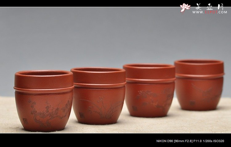 紫砂壶图片：品茗杯套组  泥绘精品 朱泥 - 美壶网