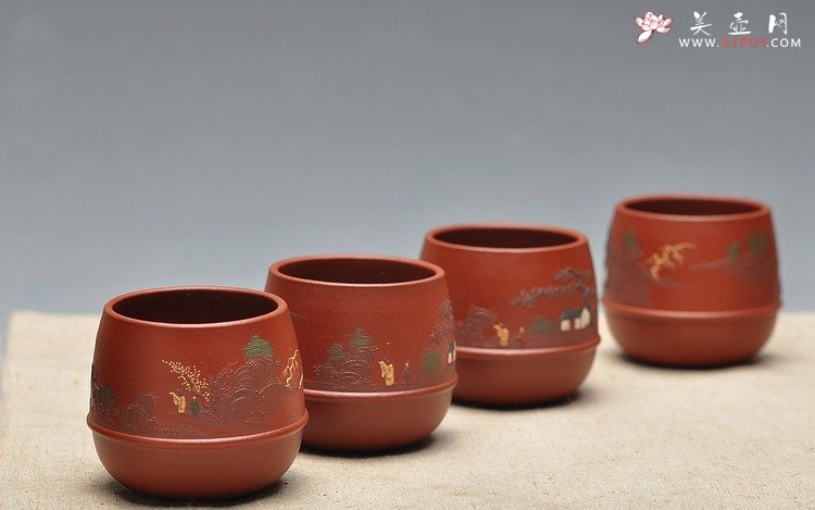 紫砂壶图片：品茗杯套组  泥绘精品 朱泥 - 美壶网