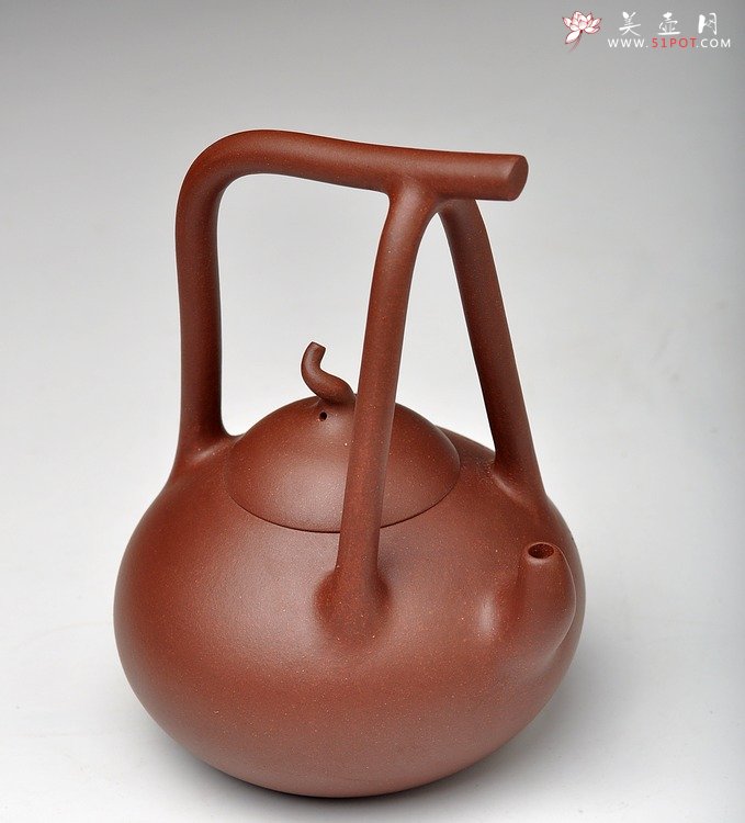 紫砂壶图片：国助工强强联合 和石装饰 传统经典 全手瓢提梁 - 美壶网