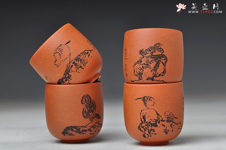 紫砂壶图片：八大风格之 高温小红泥圆亭杯8个 - 美壶网