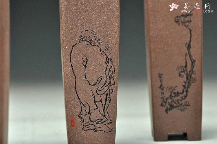 紫砂壶图片：精致小四方签筒 全手制作 刻绘漂亮 - 美壶网