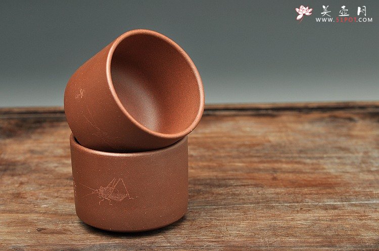 紫砂壶图片：石丁居士杯  油润紫泥  刻绘蟋蟀~ - 美壶网