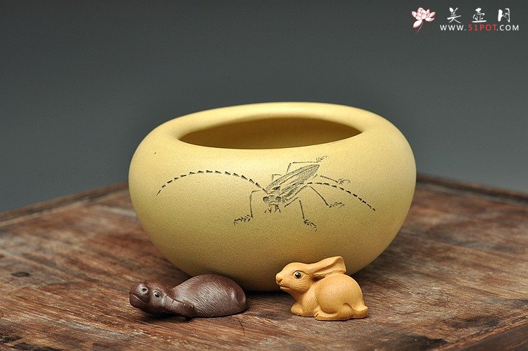 紫砂壶图片：天水牛 知了 蟋蟀 生动形象 文玩杂项 手工精品薄胎一捺底笔洗 - 美壶网