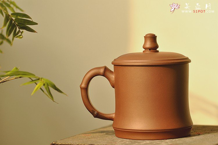 紫砂壶图片：美壶特惠 黄龙山原矿青水泥 高温竹节盖杯 - 美壶网