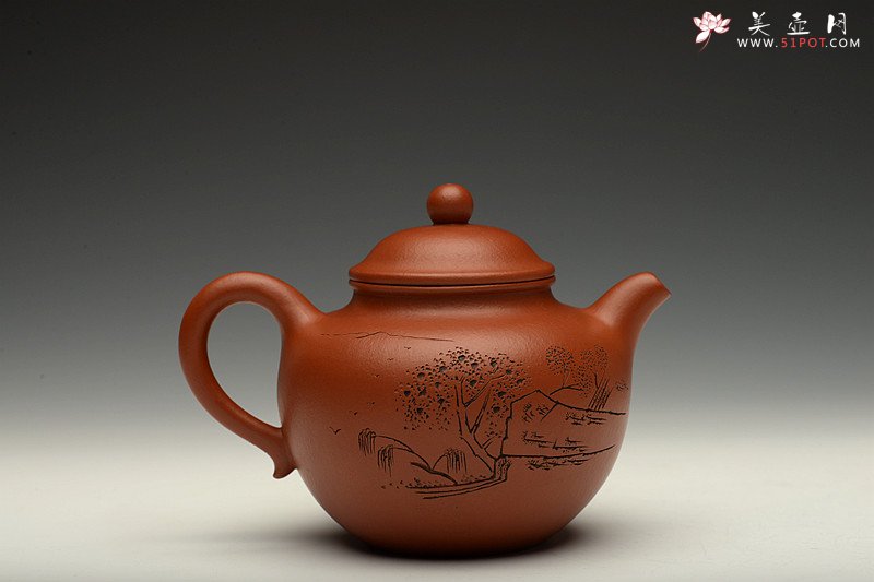 紫砂壶图片：俊秀飘逸 线条优美 摹古朱泥秋水 刀法精炼 - 美壶网