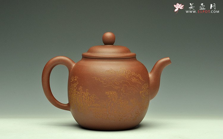 紫砂壶图片：造型简洁大方  刻绘生动逼真  全手明泉  - 美壶网