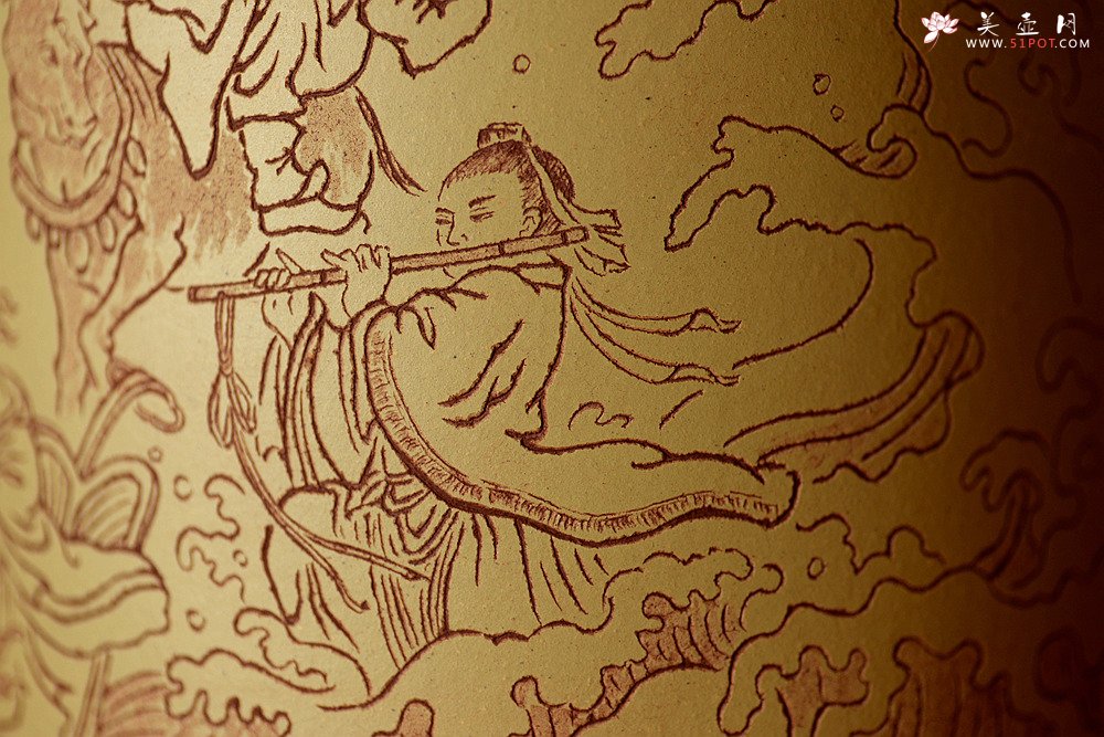 紫砂壶图片：八仙过海 各显神通 张听刚笔筒 刀法精到细腻  - 美壶网