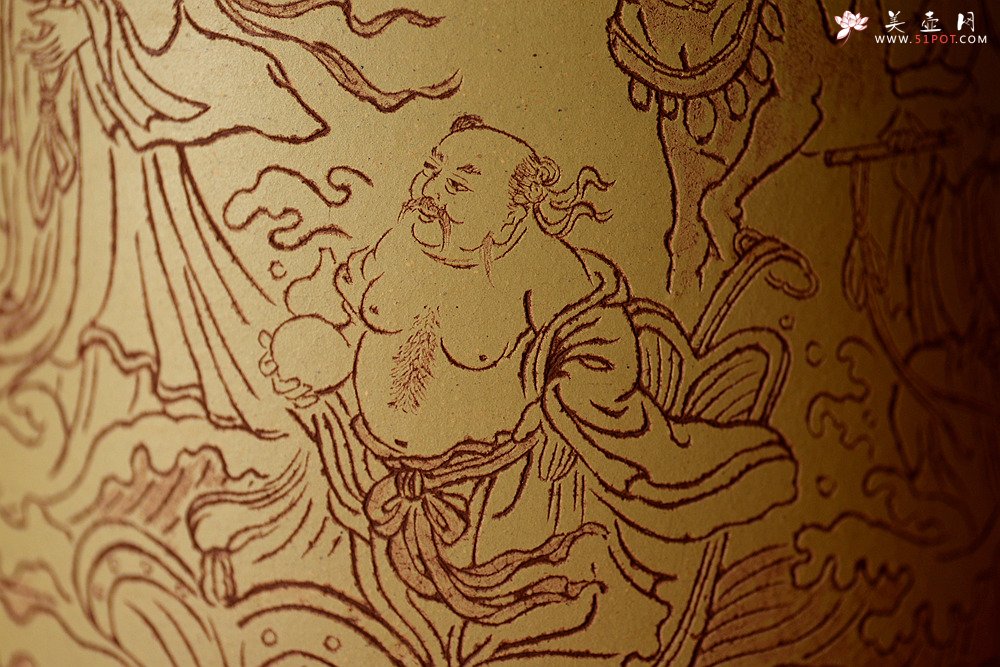 紫砂壶图片：八仙过海 各显神通 张听刚笔筒 刀法精到细腻  - 美壶网