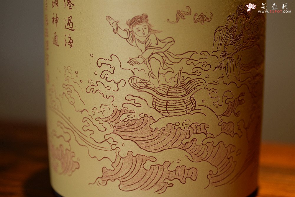 紫砂壶图片：八仙过海 各显神通 张听刚笔筒 刀法精到细腻  - 美壶网