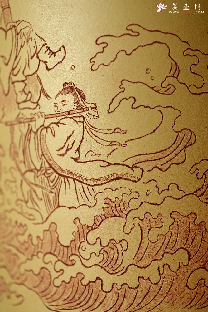 紫砂壶图片：八仙过海 各显神通 张听刚笔筒 刀法精到细腻  - 美壶网