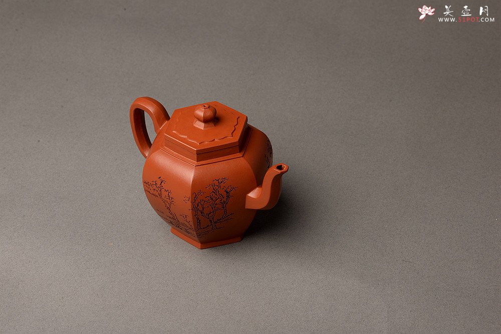 紫砂壶图片：优质朱泥 刻绘老味 全手镶片 六方宫灯 挺拔俊秀  - 美壶网
