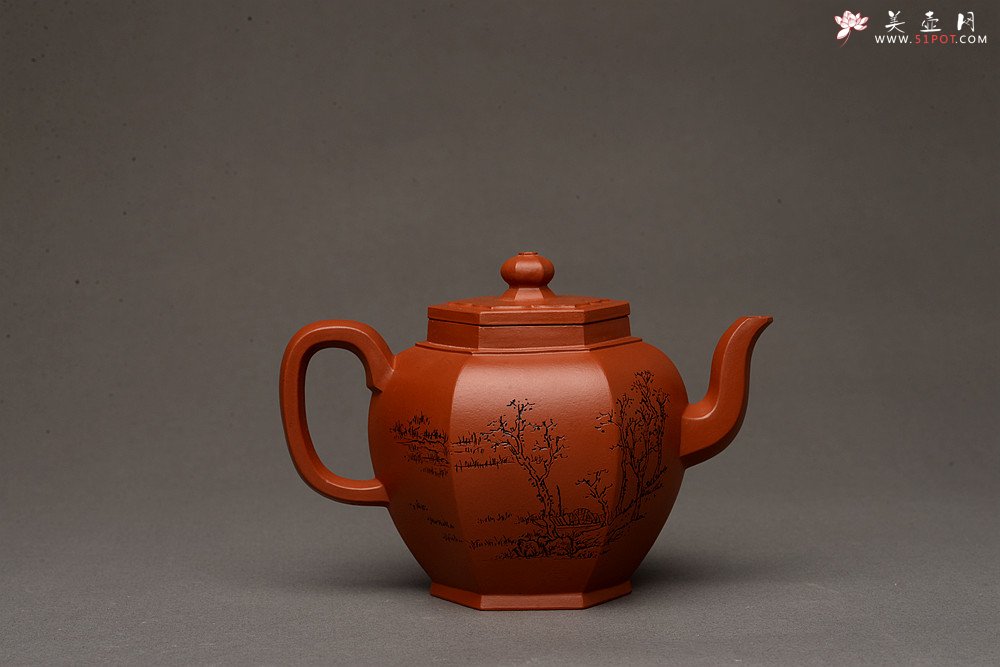 紫砂壶图片：优质朱泥 刻绘老味 全手镶片 六方宫灯 挺拔俊秀  - 美壶网