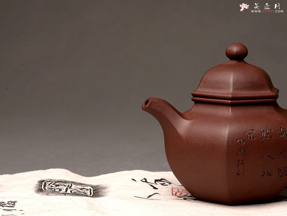 紫砂壶图片：刘世涛新作 紫砂和书画的碰撞~ 文气袭人 全手六方掇球 证书是壶之拓片 - 美壶网
