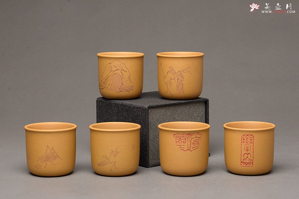 紫砂壶图片：美壶特惠 游心堂主人和知秋合作精刻 高档套组杯 6个一组 送礼自玩佳品~ - 美壶网