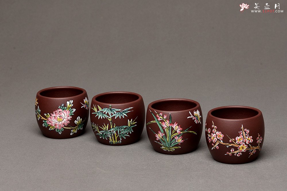 紫砂壶图片：美壶特惠 梅兰竹菊点彩一套精致品茗杯 自用送礼佳品 - 美壶网