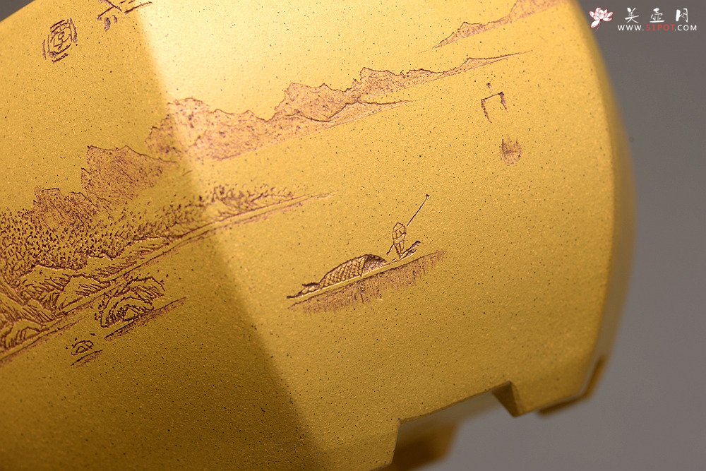 紫砂壶图片：李彦雄精刻山水~全手六方水盂 笔洗  把玩精品 - 美壶网