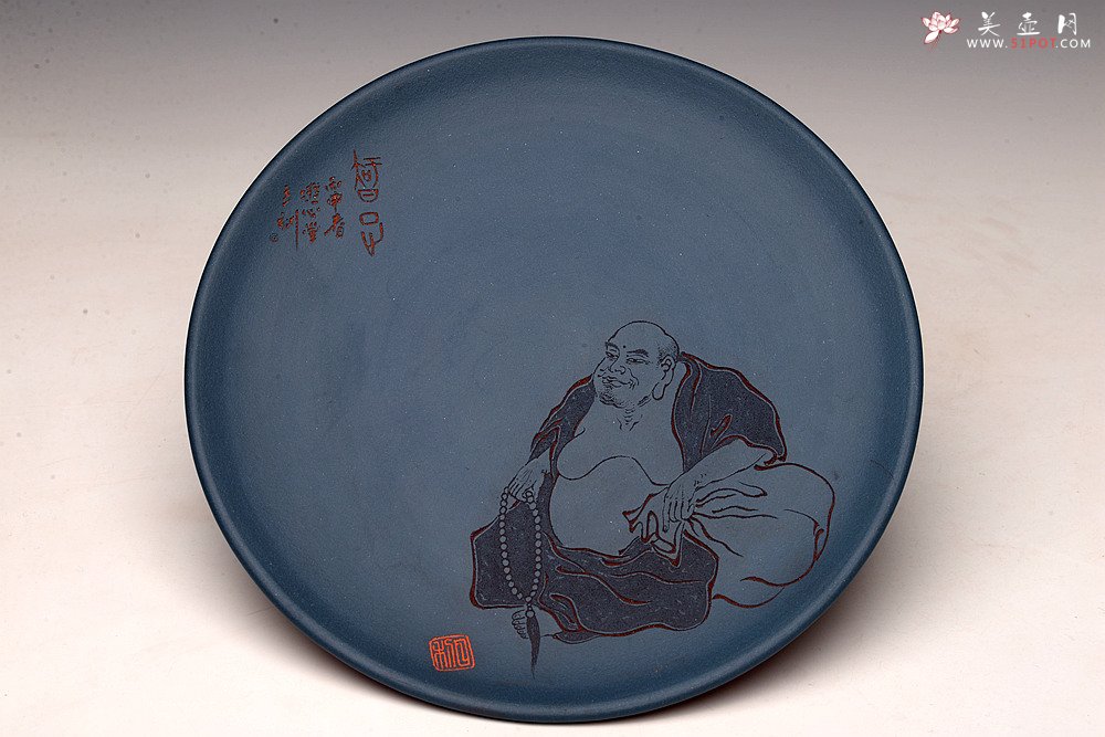 紫砂壶图片：美壶特惠 游心堂主人精刻 文气工笔罗汉系列 干泡台 文盘 送礼自玩佳品 - 美壶网