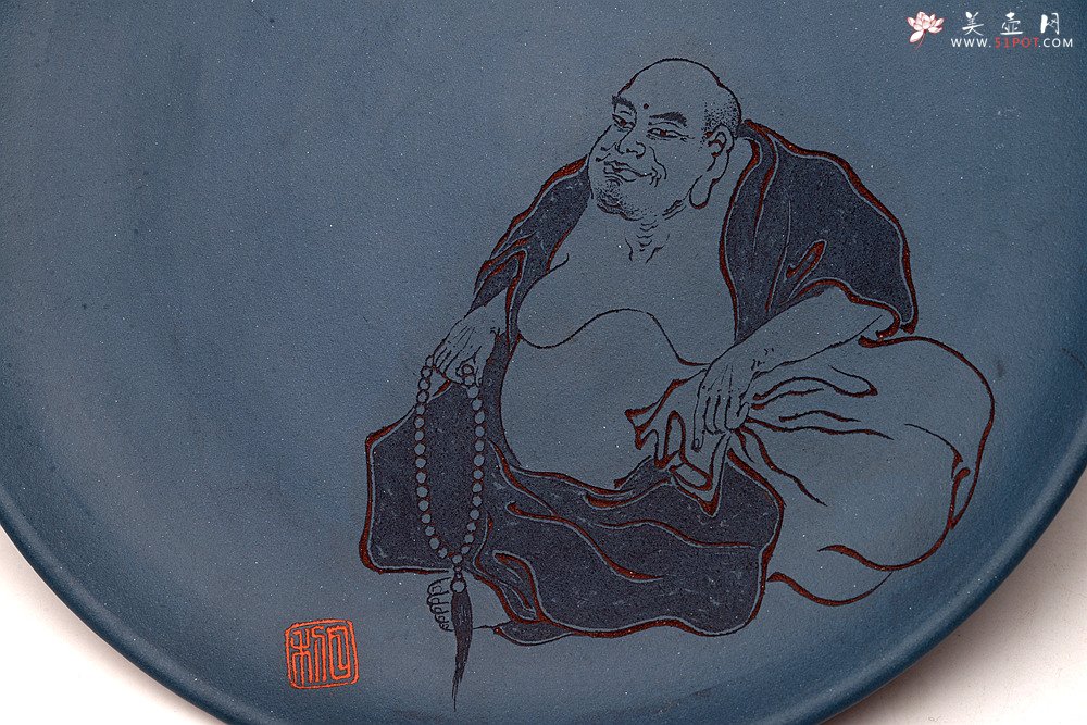 紫砂壶图片：美壶特惠 游心堂主人精刻 文气工笔罗汉系列 干泡台 文盘 送礼自玩佳品 - 美壶网