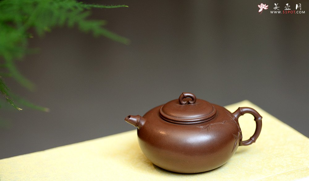紫砂壶图片：实力派潘丹初丙申夏 优质紫泥  国画入壶 秀雅文气 全手原创福竹o(∩_∩)o - 美壶网