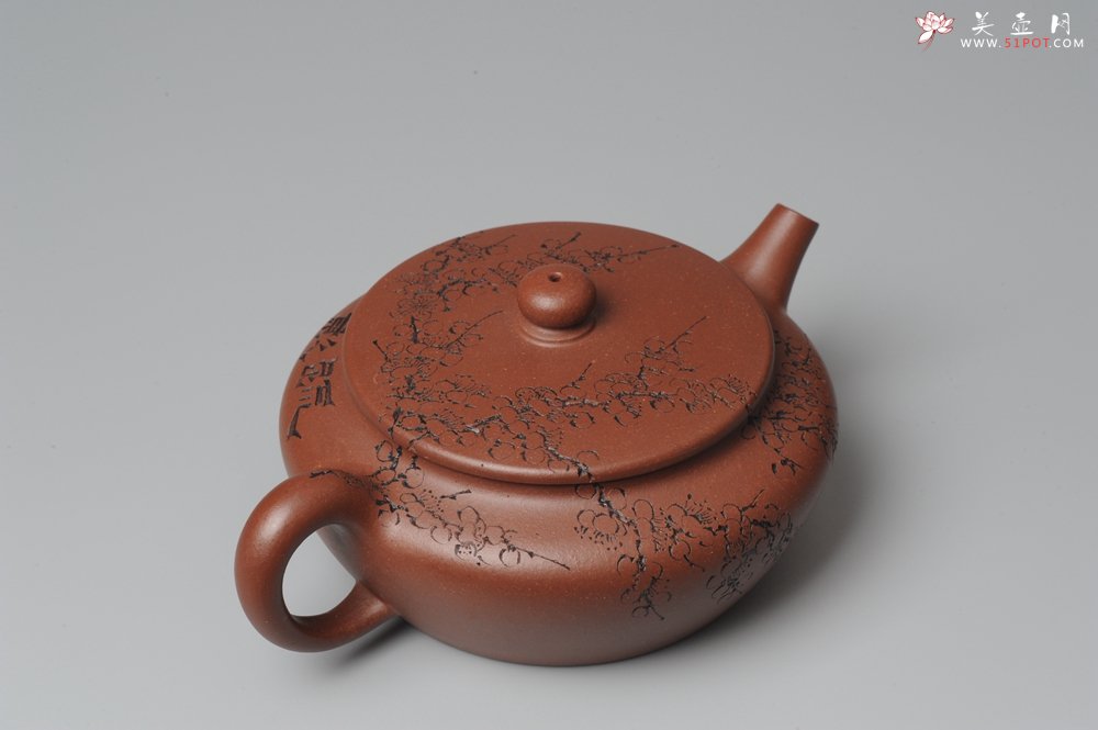 紫砂壶图片：刘华徒弟生益刻绘 全手工桑扁 - 美壶网