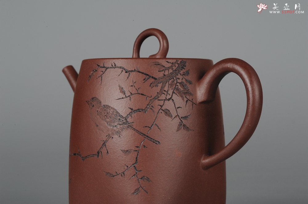 紫砂壶图片：全手工舍得套组 采用优质龙血砂泥料 助工袁德波精心装饰花鸟 - 美壶网