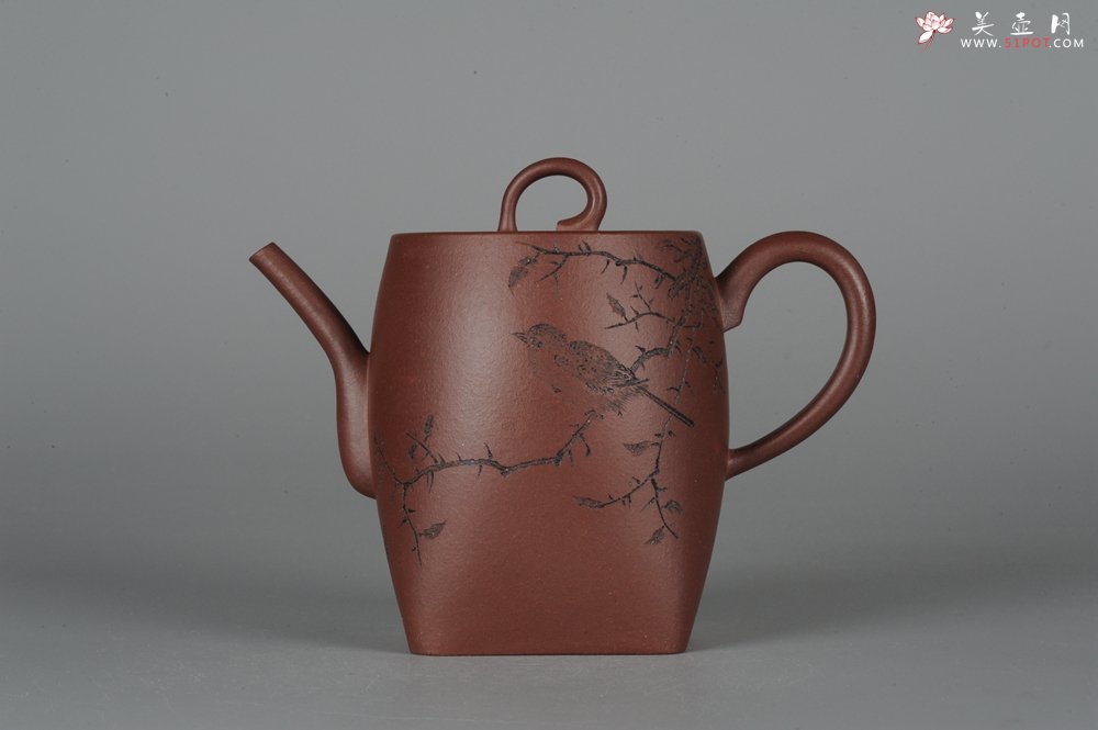 紫砂壶图片：全手工舍得套组 采用优质龙血砂泥料 助工袁德波精心装饰花鸟 - 美壶网