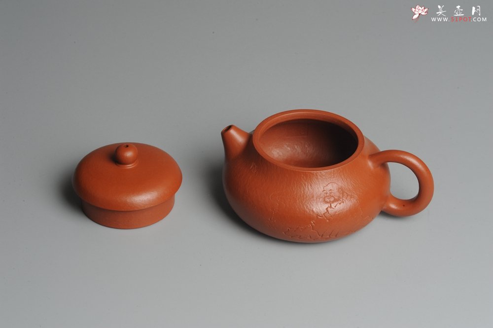 紫砂壶图片：优质赵庄朱泥全手工文旦 方健双刀文气装饰 - 美壶网