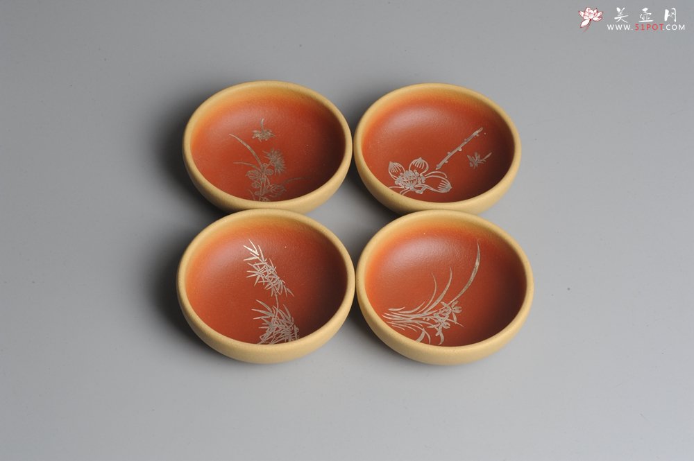 紫砂壶图片：美杯特惠 描银文气梅兰竹菊一套（4只） - 美壶网