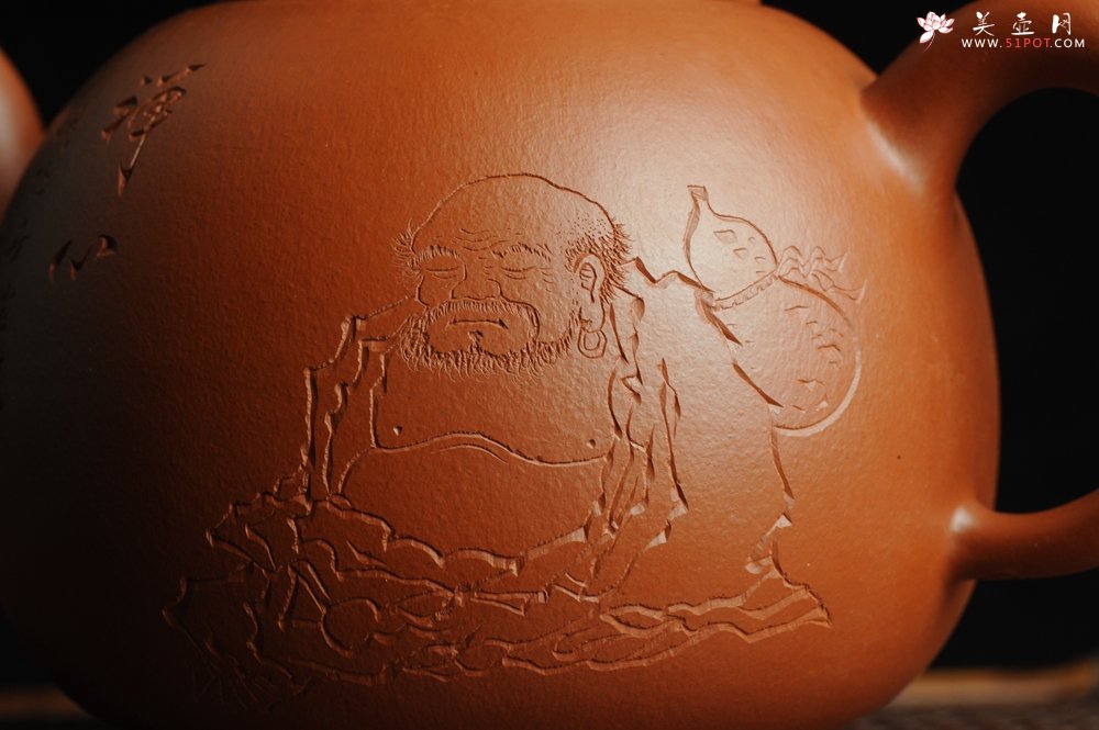 紫砂壶图片：优质赵庄朱泥全手工明式思裕  方健双刀文气装饰禅心图 - 美壶网