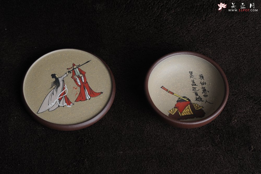 紫砂壶图片：美杯特惠 我的意中人是盖世英雄 精品泥绘品茗杯 杯垫一套 送礼自用佳品 - 美壶网