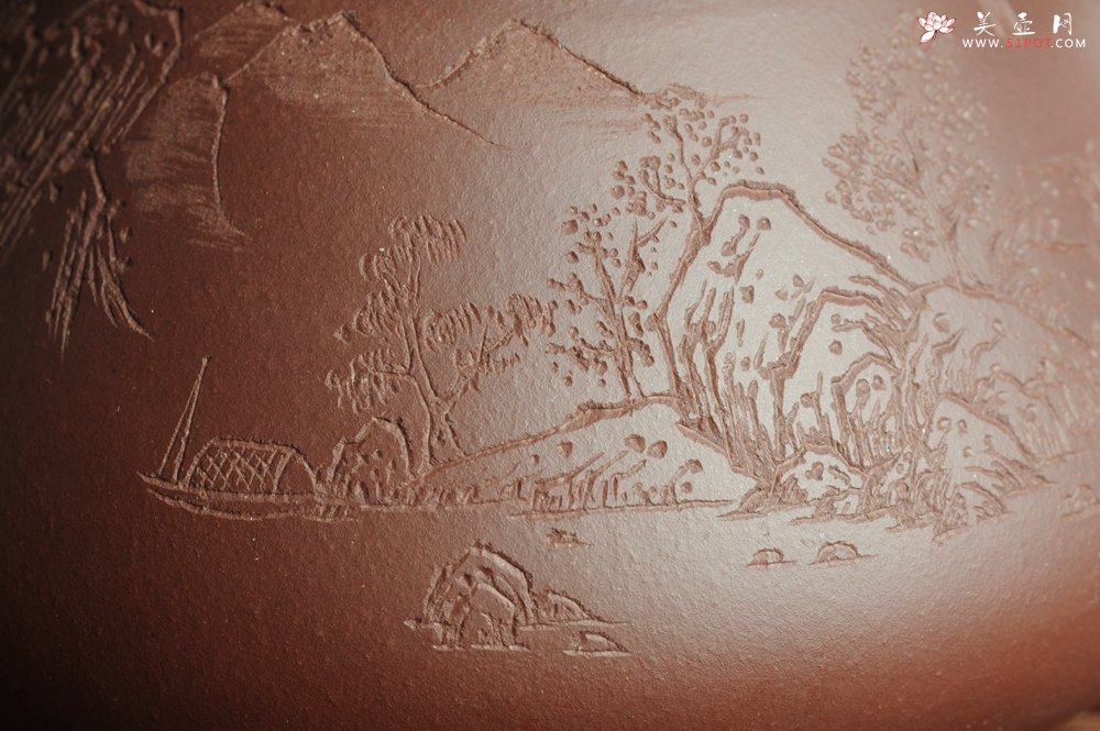 紫砂壶图片：优质紫茄泥全手工山水满瓢 雨过山色清 - 美壶网