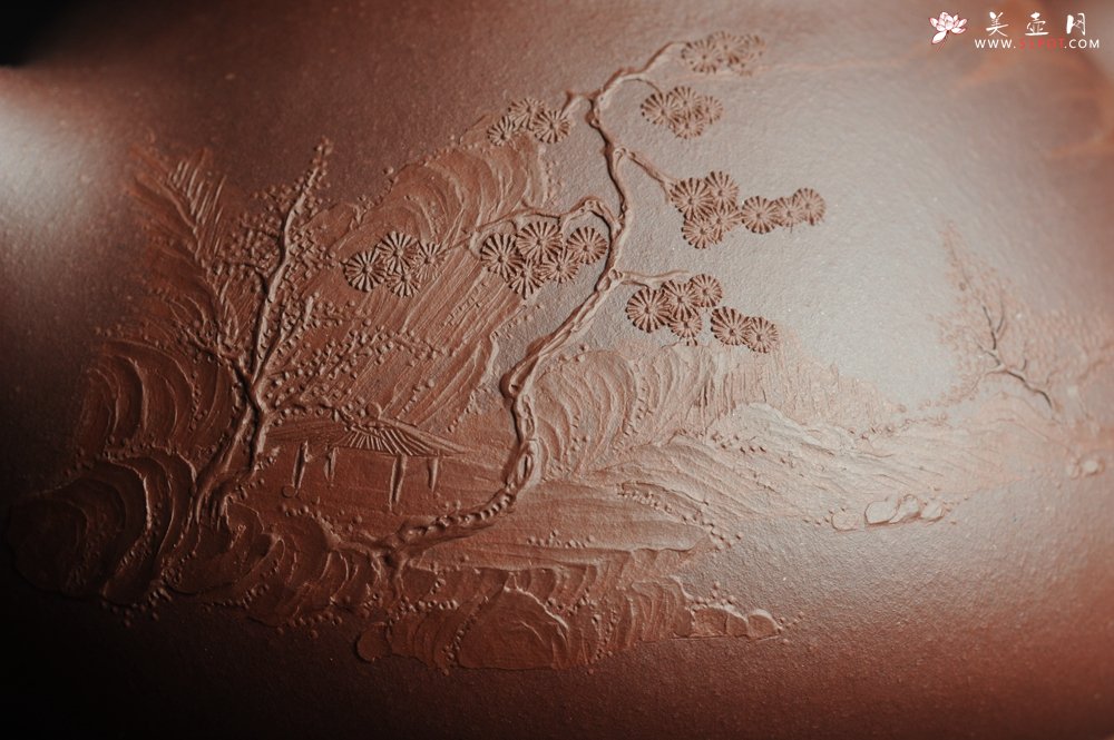 紫砂壶图片：美壶特惠 经典平盖小石瓢 满瓢（景舟石瓢）泥绘山水 江清月近人 单色泥绘更显功力 - 美壶网