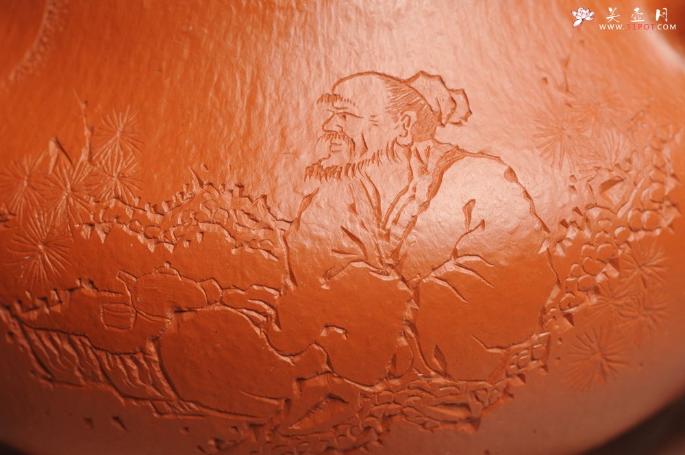 紫砂壶图片：优质赵庄朱泥全手工文旦 方健双刀文气装饰 - 美壶网