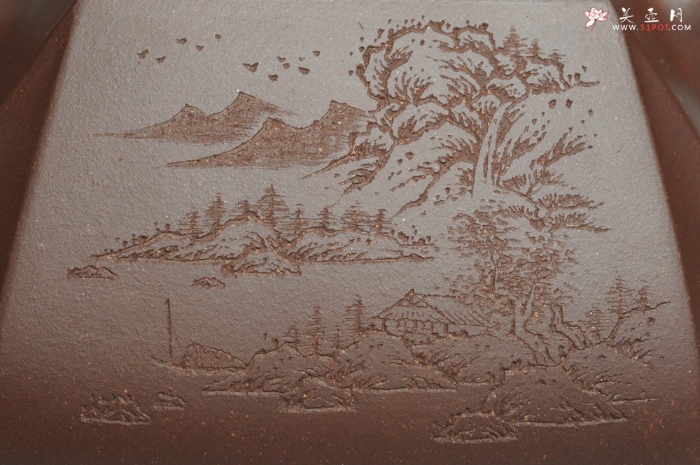 紫砂壶图片：美壶特惠 用心之作 进步之作 细节到位 做工精良 方健老师精心装饰山水抽角石瓢 只为看得见的朋友精工 - 美壶网