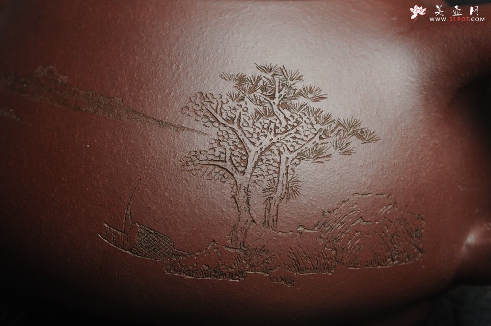 紫砂壶图片：美壶特惠 经典平盖小石瓢 满瓢（景舟石瓢）子木刻绘山水 - 美壶网