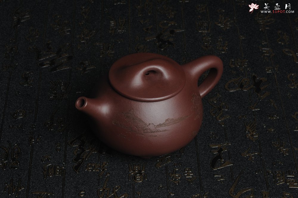 紫砂壶图片：美壶特惠 经典平盖小石瓢 满瓢（景舟石瓢）子木刻绘山水 - 美壶网