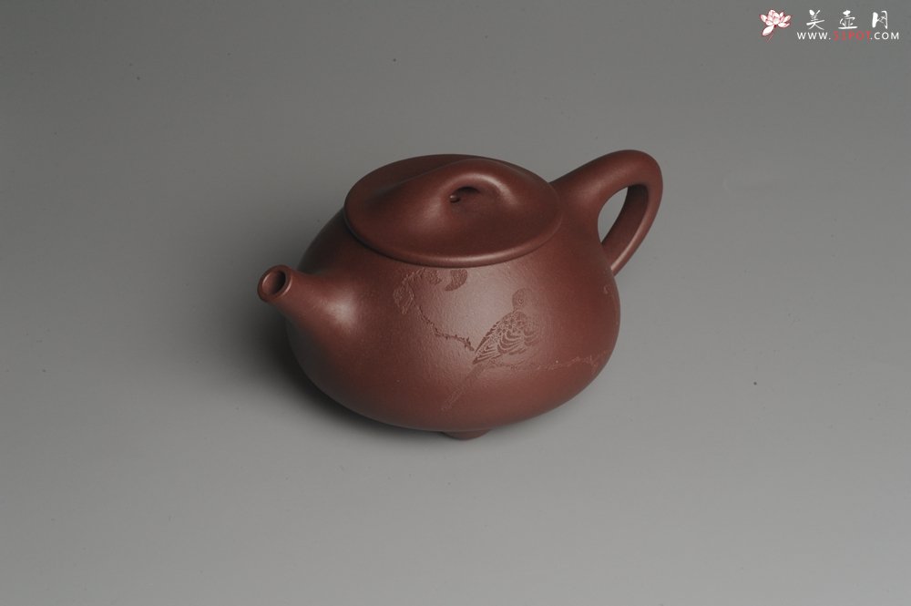 紫砂壶图片：美壶特惠 经典平盖小石瓢 满瓢（景舟石瓢）子木刻绘枯枝鸟 - 美壶网